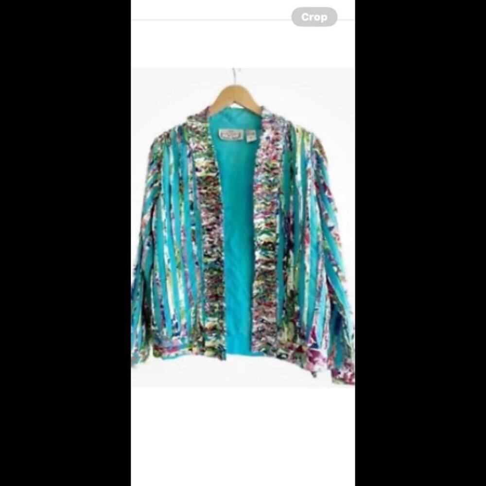 🧥🦋Life Style Petite Aqua Multi Print Long Sleeve Open Front Jacket PL